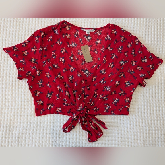 American Eagle Red Floral Button Tie-Front Crop Top Size L NWT Beach Boho Hippie - Picture 3 of 13
